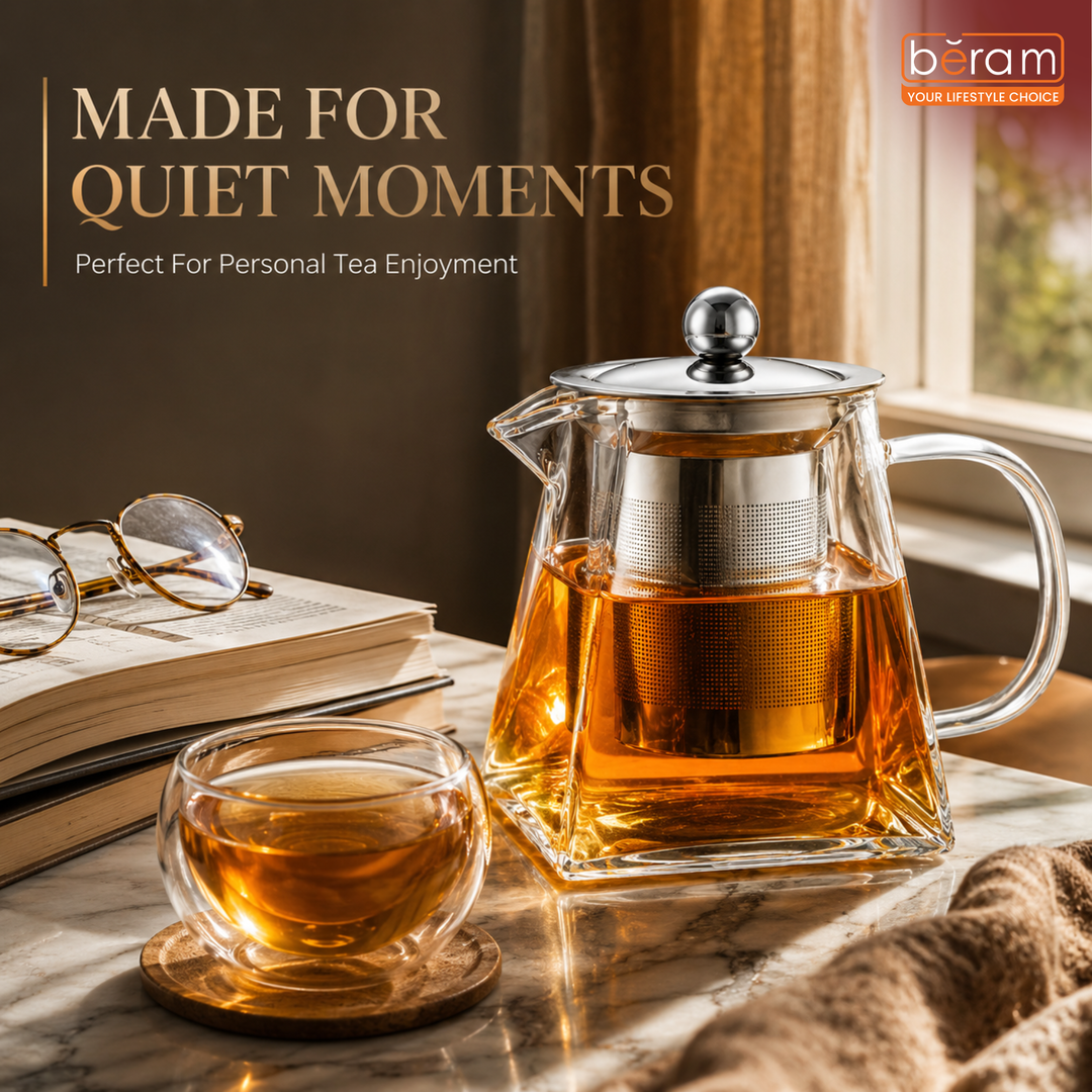 BERAM Glass Teapot with Removable 18/8 Stainless Steel Infuser – 350ml Square Base Borosilicate Glass Tea Kettle, Stovetop Safe, Handcrafted Loose Leaf Tea Maker for Home or Office