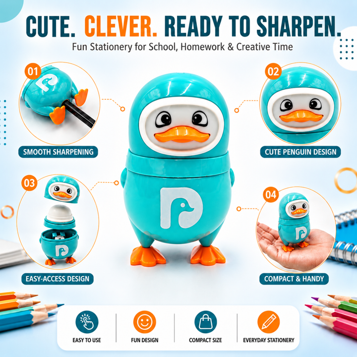 Penguin Pencil Sharpener with Eraser, 2-in-1 Cute Penguin-Shaped Pencil Sharpener, Built-In Pencil Shavings Container, Compact Stationery Sharpener for Students, School, Office & Drawing