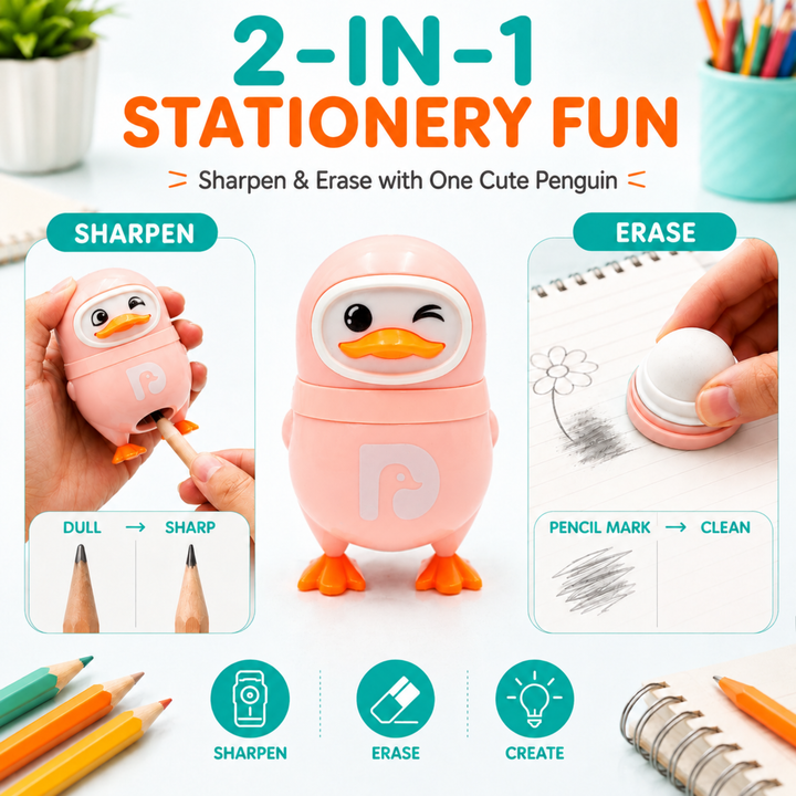 Penguin Pencil Sharpener with Eraser, 2-in-1 Cute Penguin-Shaped Pencil Sharpener, Built-In Pencil Shavings Container, Compact Stationery Sharpener for Students, School, Office & Drawing