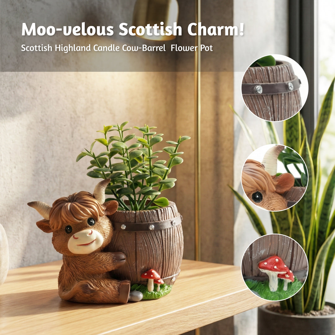 Scottish Highland Candle Cow-Barrel Flower Pot Polyresin Cute Cow Succulent Planter Decorative Mini Barrel Vase Indoor Outdoor Garden Desk Home Office Decor Pen Pencil Holder Propagator Kit