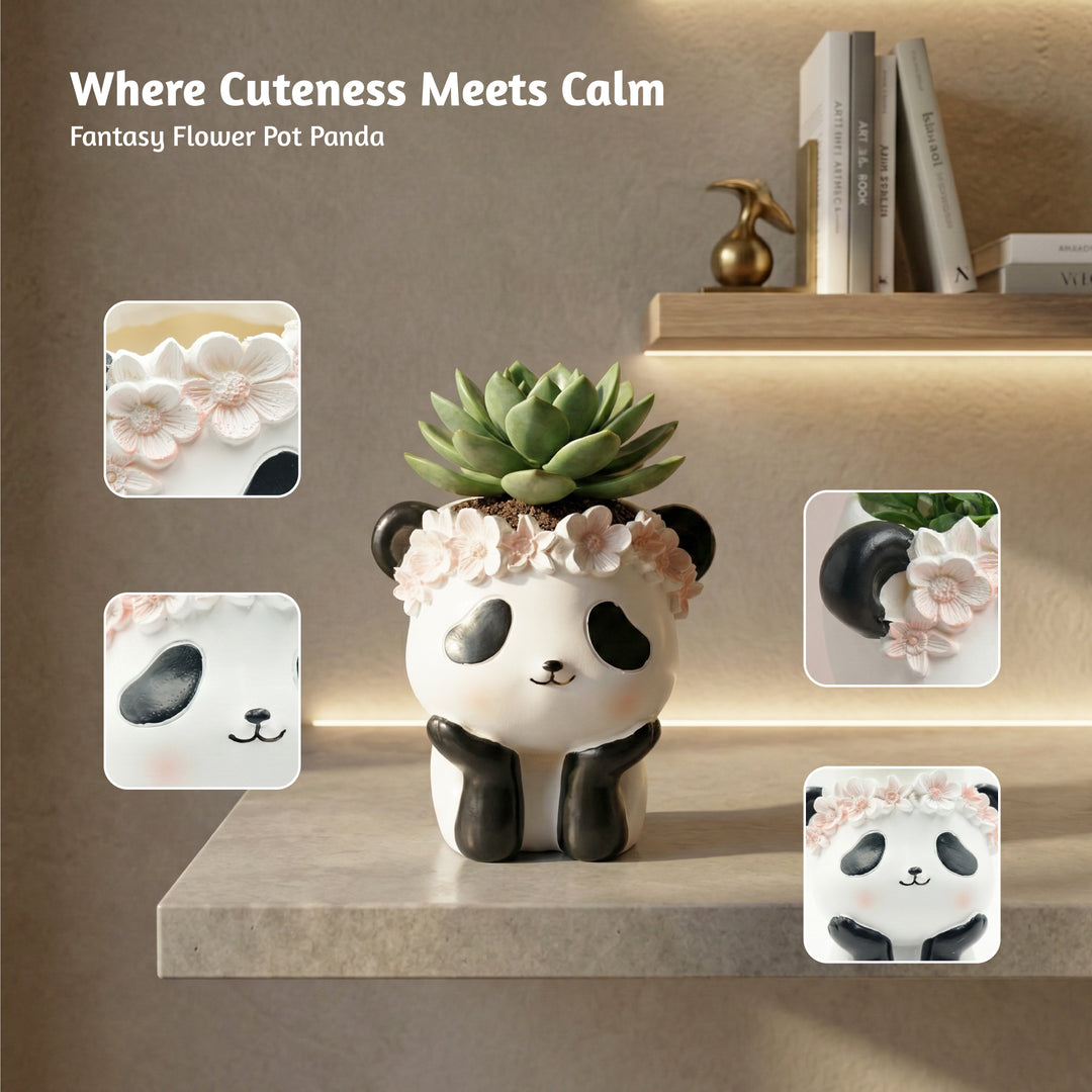 Fantasy 2PCS Flower Pot Set Kitty and Panda Polyresin Cute Animal Succulent Planters with Flower Crown Decorative Mini Vase Indoor Outdoor Home Office Desk Decor Pen Pencil Holder Propagator Kit