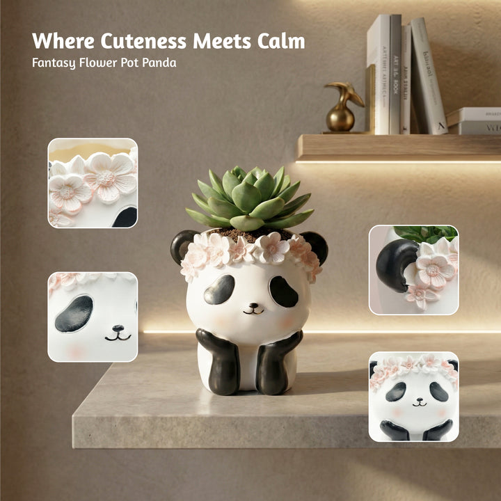 Fantasy 2PCS Flower Pot Set Kitty and Panda Polyresin Cute Animal Succulent Planters with Flower Crown Decorative Mini Vase Indoor Outdoor Home Office Desk Decor Pen Pencil Holder Propagator Kit