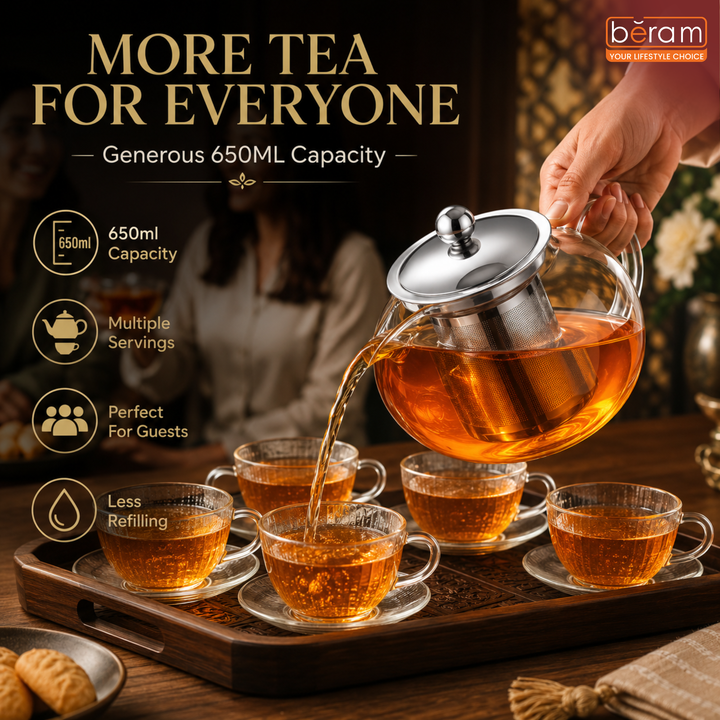 BERAM Glass Teapot with Removable Stainless Steel Infuser, 650ml Trunkless Borosilicate Tea Kettle, Stovetop Safe Handcrafted Clear Teapot for Loose Leaf Tea, Herbal & Blooming Tea