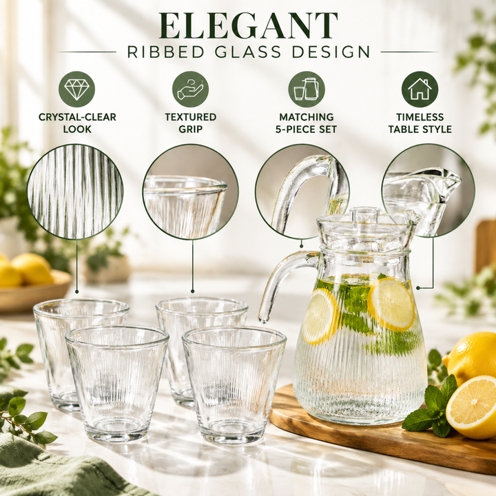 7 Piece Glass Drink Set with Pitcher and 6 Glasses, 11 OZ Drinking Tumblers, Clear Textured Glass Water Juice Beverage Serving Set with Lid, Dishwasher Safe for Home Dining Parties
