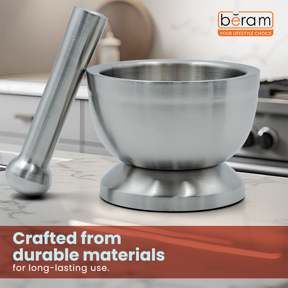 BERAM Pestle and Mortar Set Manual Grinder with Lid Premium Stainless Steel Mixing Bowl for Garlic Spices Herbs Durable Sturdy and Long Lasting with Easy Cleaning