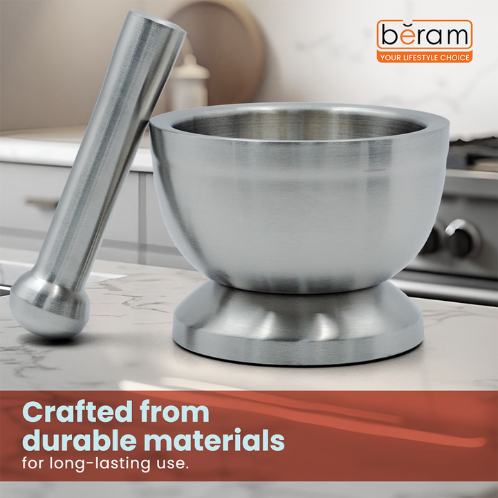 BERAM Pestle and Mortar Set Manual Grinder with Lid Premium Stainless Steel Mixing Bowl for Garlic Spices Herbs Durable Sturdy and Long Lasting with Easy Cleaning