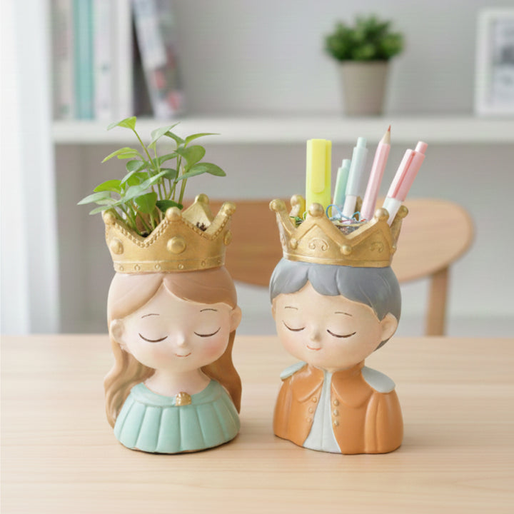 King and Queen Planter Set Polyresin Decorative Flower Vase Royal Couple Succulent Pot Cute Crown Design Indoor Outdoor Home Office Decor Pen Pencil Holder Gift