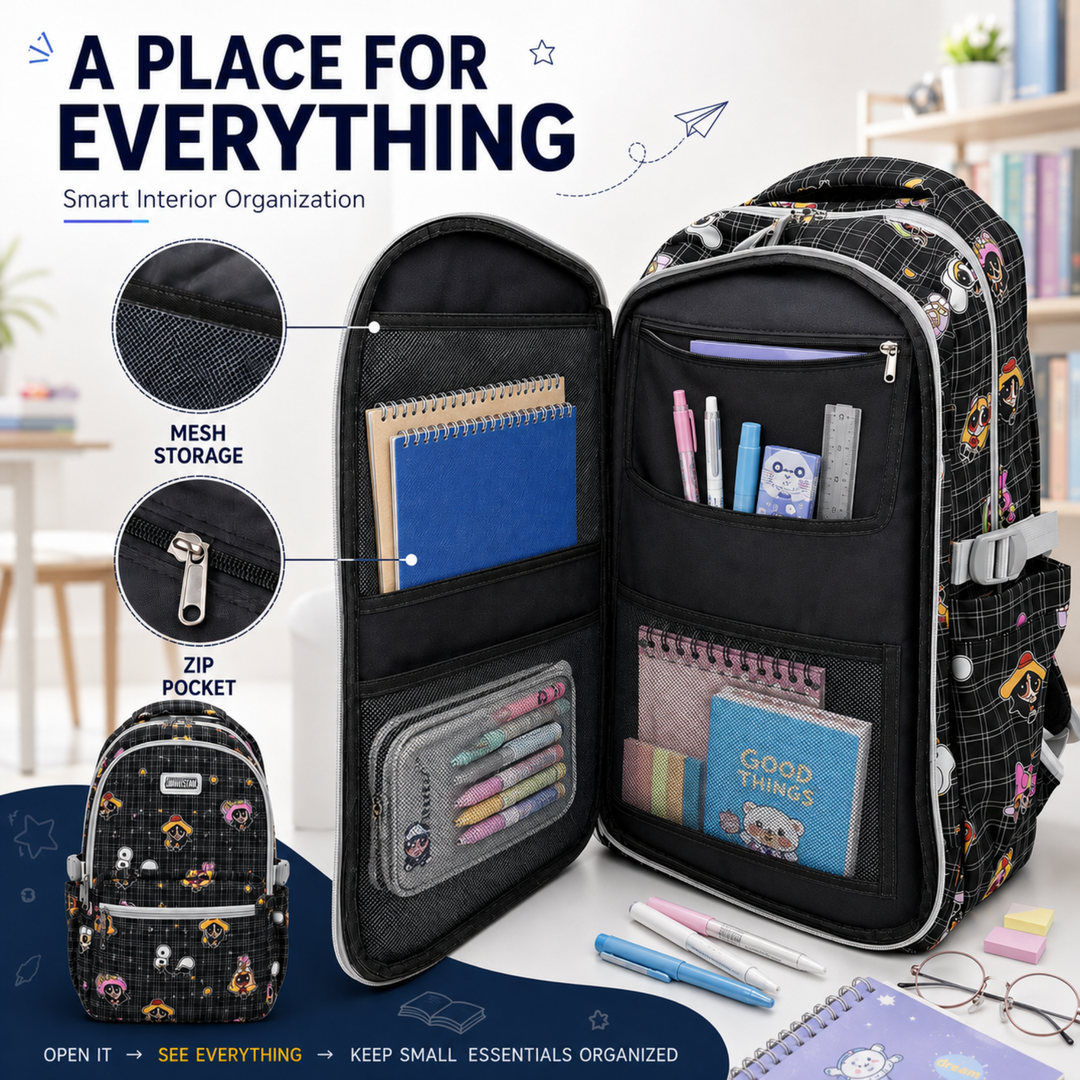 Powerpals School Bag, Lightweight Backpack with Multiple Compartments, Front Utility Pocket, Side Bottle Pockets & Adjustable Shoulder Straps