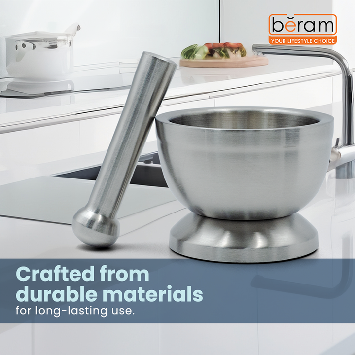 BERAM Pestle and Mortar Set Manual Grinder with Lid Premium Stainless Steel Mixing Bowl for Garlic Spices Herbs Durable Sturdy and Long Lasting with Easy Cleaning