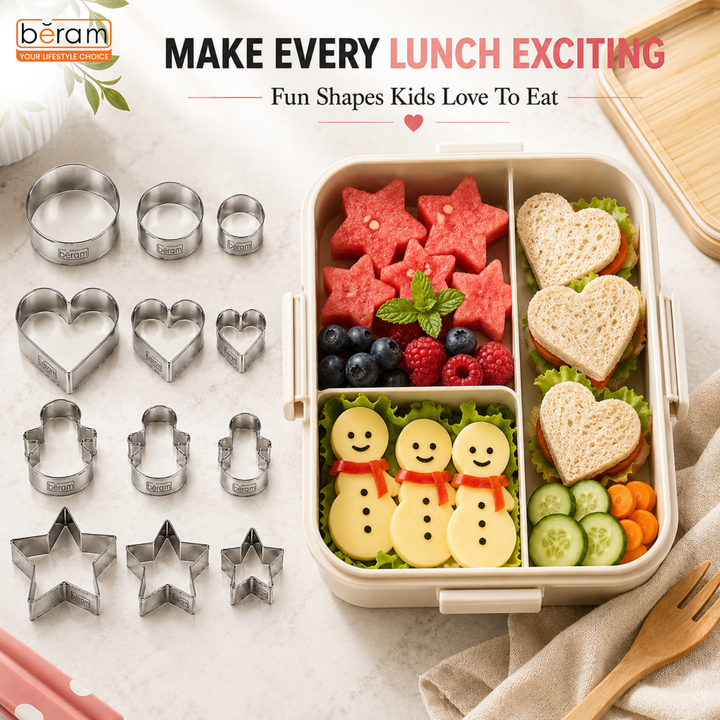 BERAM Cookie Cutters, Set of 12, Stainless Steel Pieces, Mini Vegetable and Fruit Cutters, DIY Mould for Kids, Food Shapes, Decoration Tools