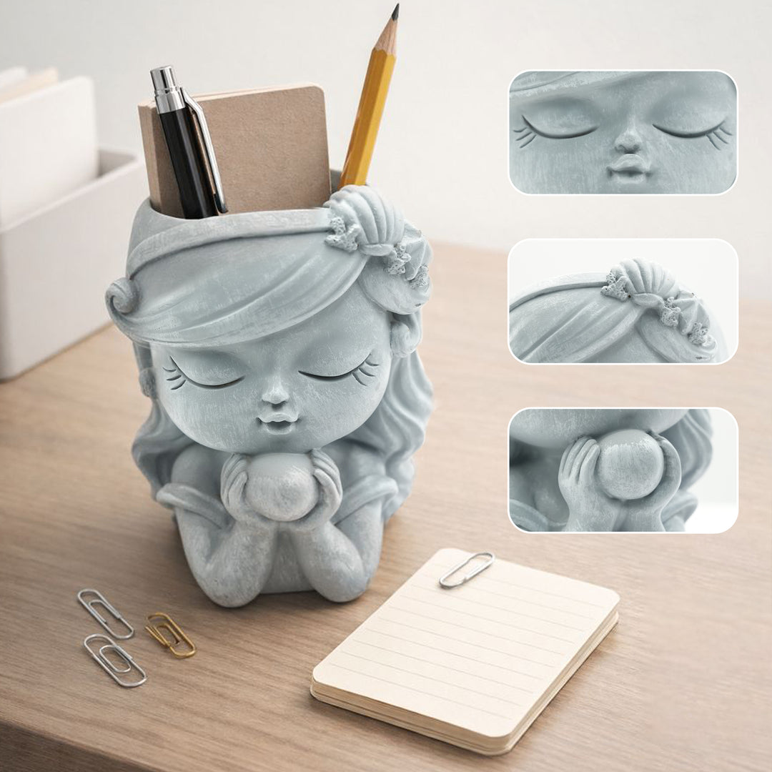 Bonsai Craft Vase 4-Set Pray Dream Flower Blessing Dolls Grey Polyresin Decorative Succulent Planters Elegant Home Office Desk Decor Flower Pots Pen Pencil Holders Propagator Kit Gift