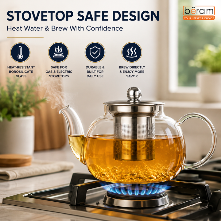 BERAM Glass Teapot with Infuser – 400ml Borosilicate Clear Tea Kettle with Removable 18/8 Stainless Steel Infuser, Stovetop Safe, Handcrafted Loose Leaf Tea Brewer for Home