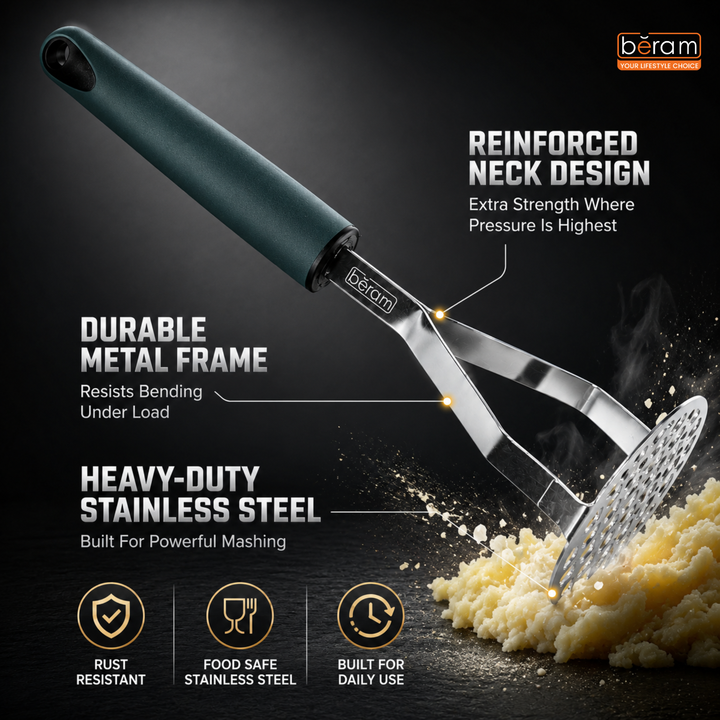 BERAM Potato Masher, Ricer for Vegetables, Stainless Steel with Comfortable Handle, Lump Free Tool, Perfect For Mashing Potatoes, Apples, Beans, Peas, and More, Heavy Duty Kitchen Tool
