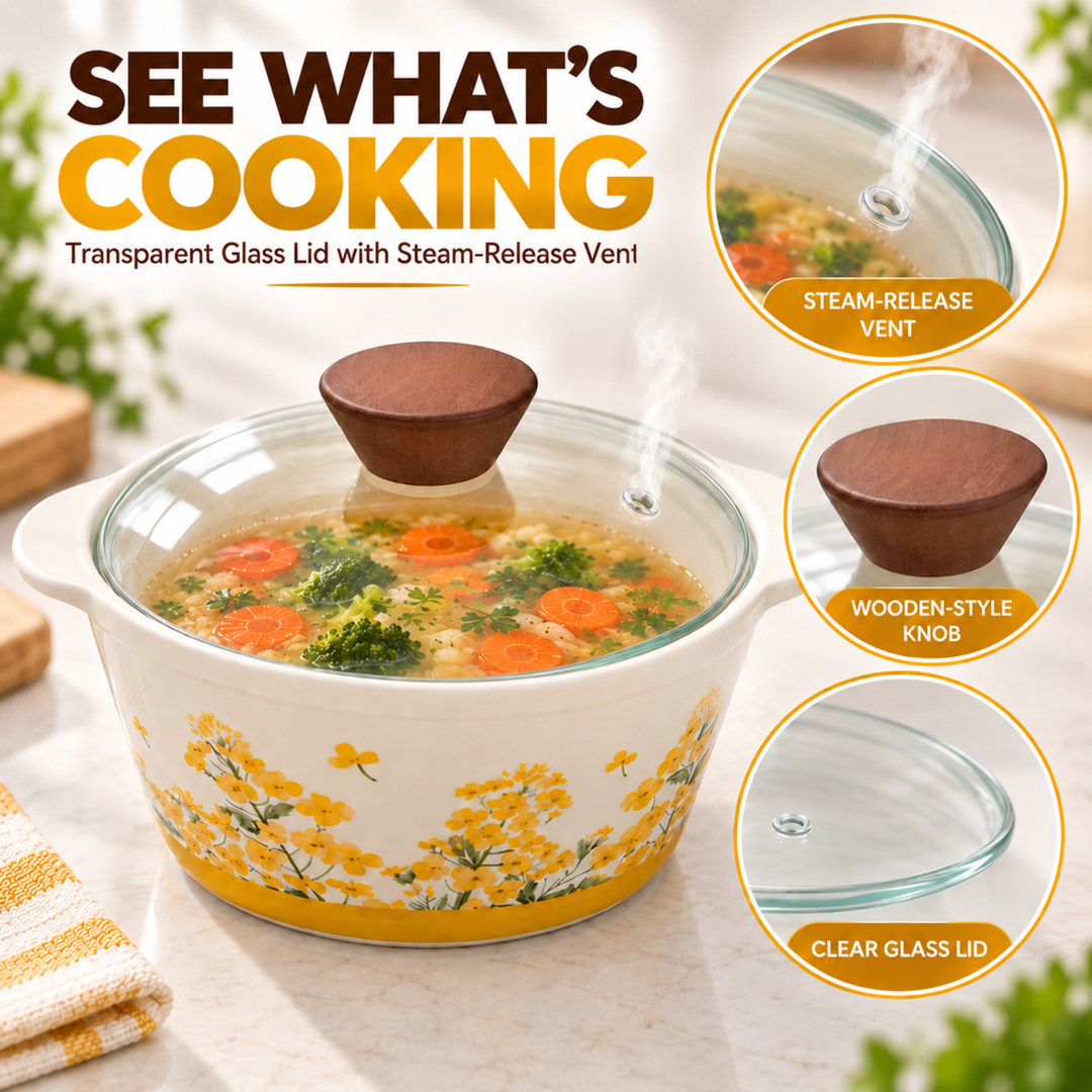 Soup Pot Set with Glass Lids, 0.85L Each, Floral Ceramic Cooking Pots with Side Handles & Wooden Knobs for Soup, Noodles, Porridge, Milk, Stews & Serving