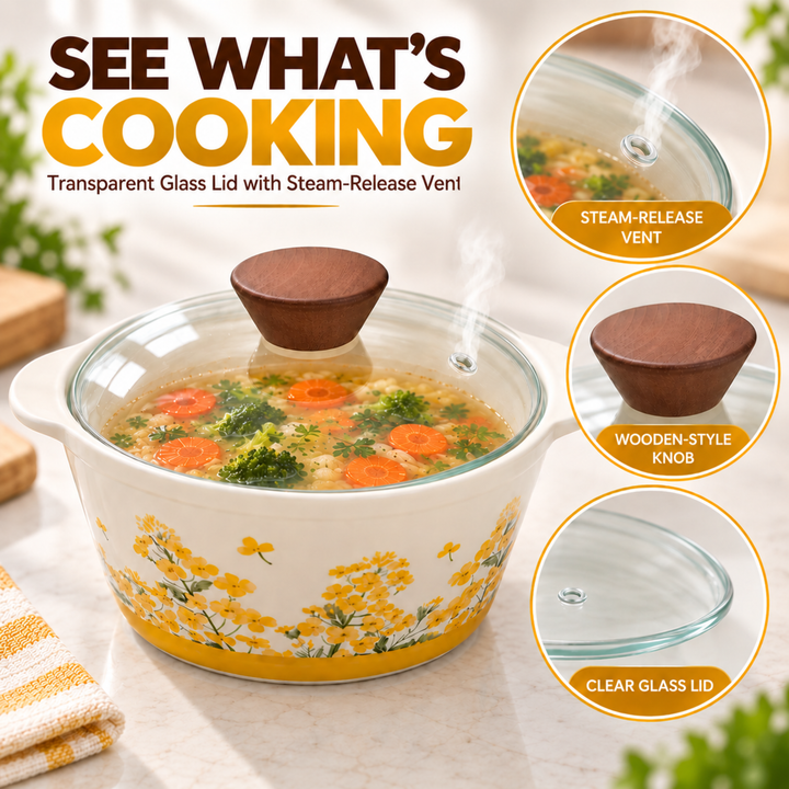 Soup Pot Set with Glass Lids, 0.85L Each, Floral Ceramic Cooking Pots with Side Handles & Wooden Knobs for Soup, Noodles, Porridge, Milk, Stews & Serving