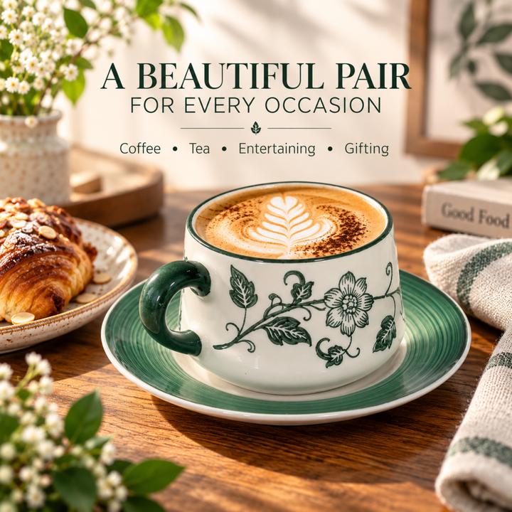 12 Piece Ceramic Cup and Saucer Set, 6 Coffee Tea Cups with 6 Matching Saucers, 220ml White Ceramic Espresso Cappuccino Tea Set for Home Kitchen Office Dining