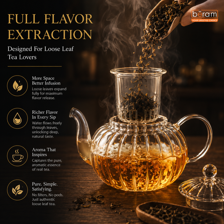BERAM Glass Teapot with Removable Glass Infuser, 600ml Full Glass Borosilicate Tea Kettle, Handcrafted Clear Teapot, Stovetop Safe Loose Leaf Tea Maker & Blooming Tea Brewer