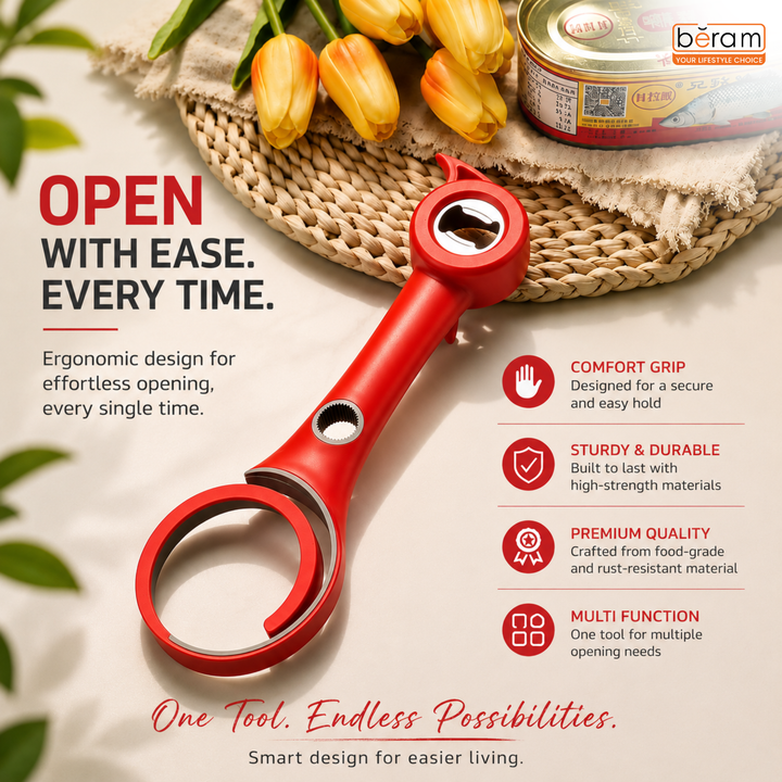 BERAM Can Opener 6-in-1 Multiopener – Multifunctional Jar, Bottle, Pull Tab, and Seal Opener – Ergonomic Lid Opener Tool for Weak Hands and Seniors – Kitchen Essential