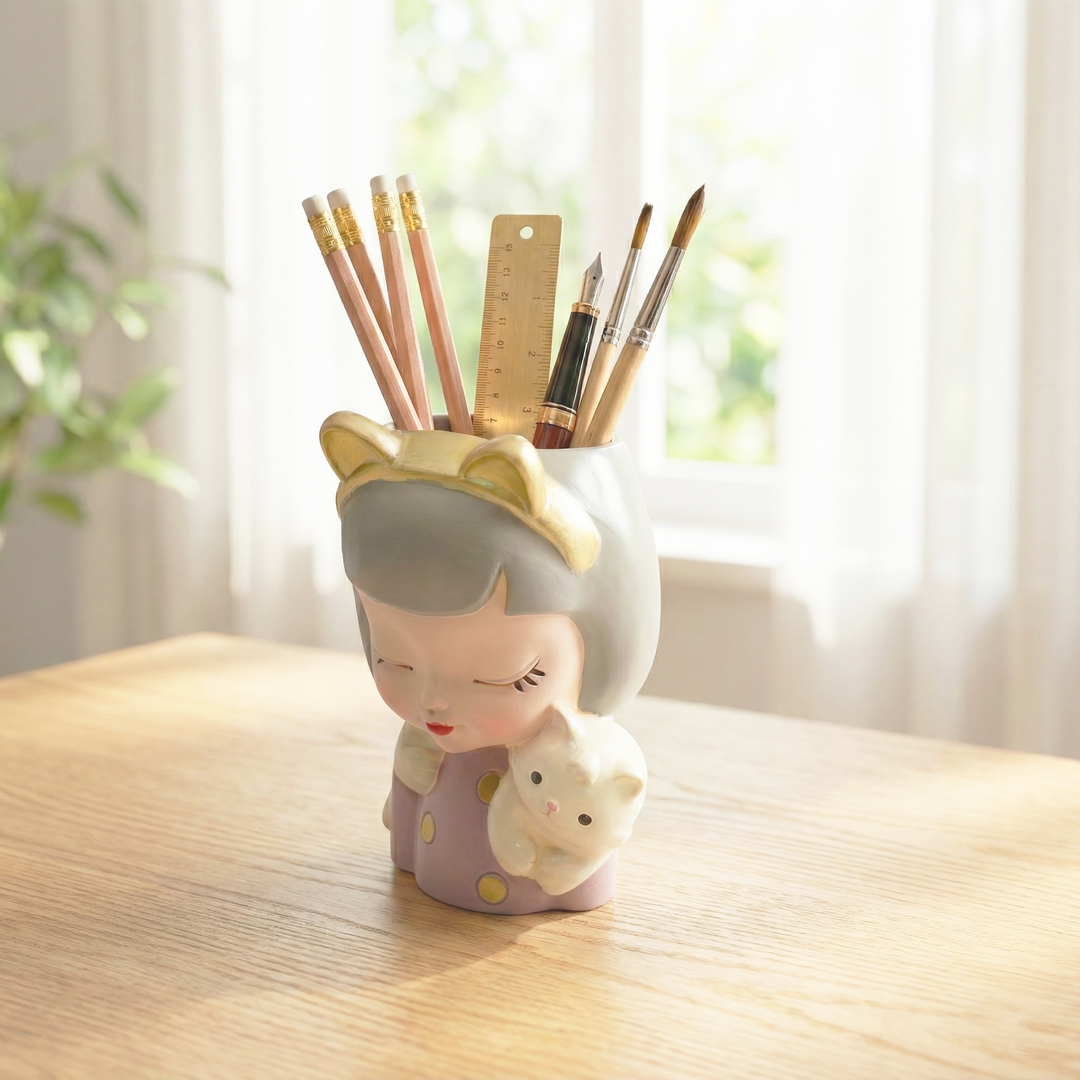 Charming Figurine Set Green Pink Grey Polyresin Decorative Flower Vase Cute Girl Succulent Pot Modern Indoor Home Office Table Decor Propagator Kit Gift Set