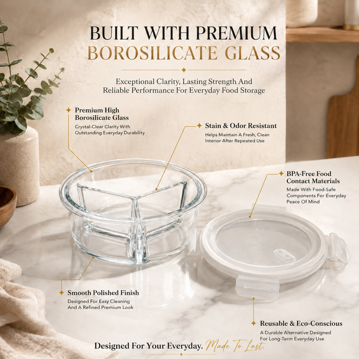 Glass Food Storage Container with Airtight Locking Lid Round 3 Compartment 850ml High Borosilicate Leakproof Meal Prep Lunch Box, Microwave Freezer Refrigerator Safe Glass Container for Food Storage