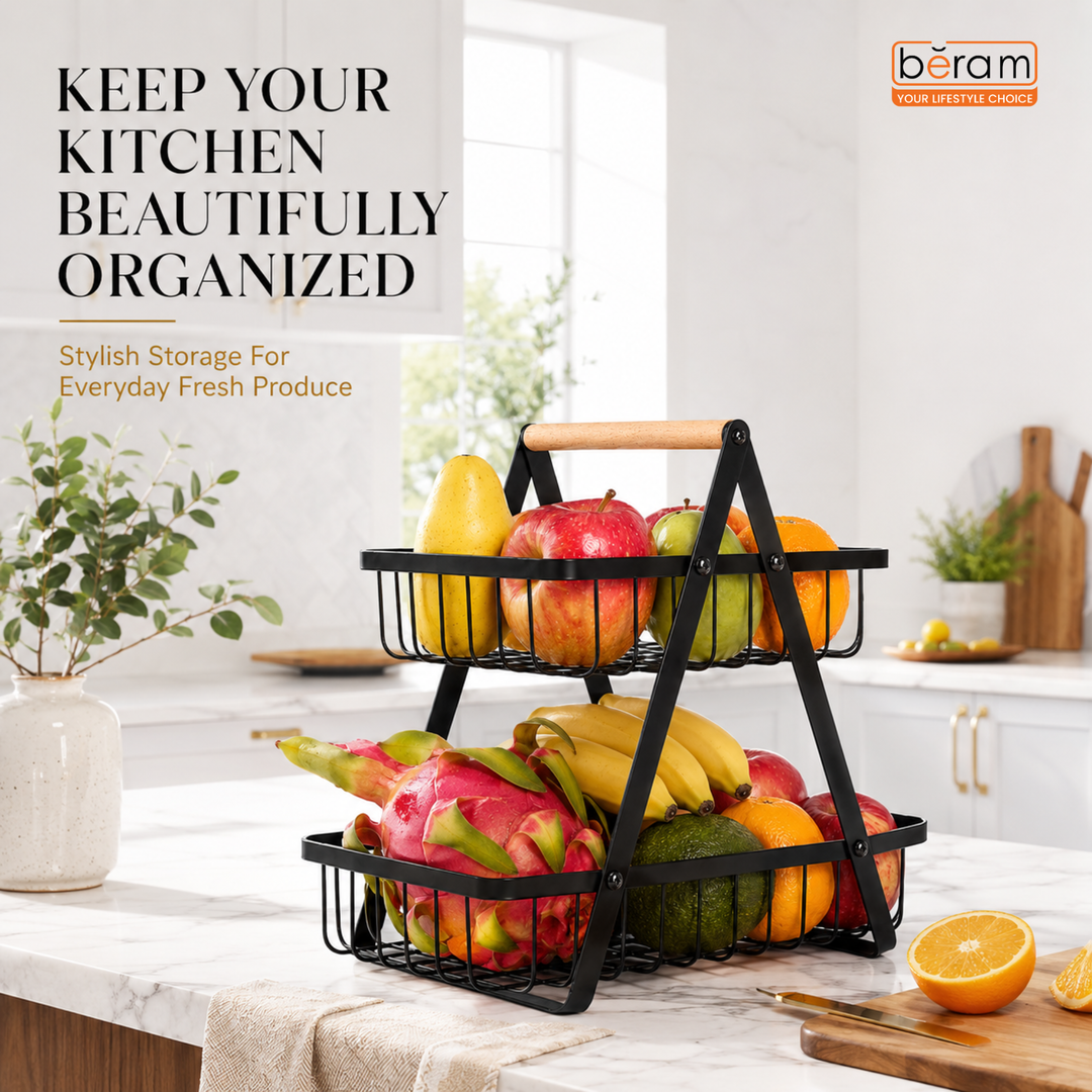 Beram Fruit Basket for Kitchen Counter Metal Wire Fruit Bowl & Vegetable Storage Organizer Rustic Countertop Fruit Holder with Handle for Kitchen, Dining & Pantry