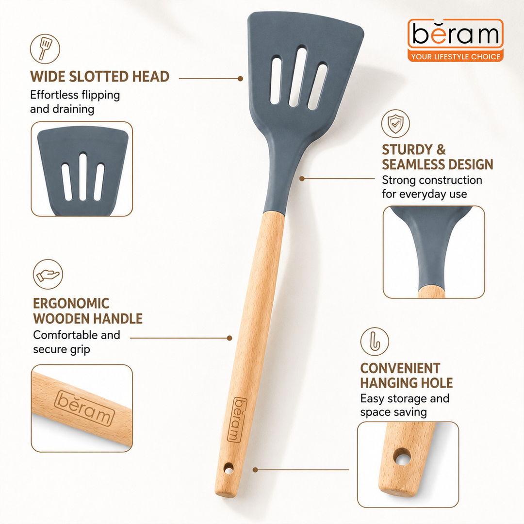 Beram 11Pcs Silicone Cooking Utensil Set with Wooden Handles Heat Resistant BPA Free Non-Stick Kitchen Tools Set for Cooking Baking Stirring Serving and Mixing-Grey (11 Pcs Set)