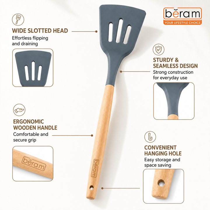 Beram 11Pcs Silicone Cooking Utensil Set with Wooden Handles Heat Resistant BPA Free Non-Stick Kitchen Tools Set for Cooking Baking Stirring Serving and Mixing-Grey (11 Pcs Set)