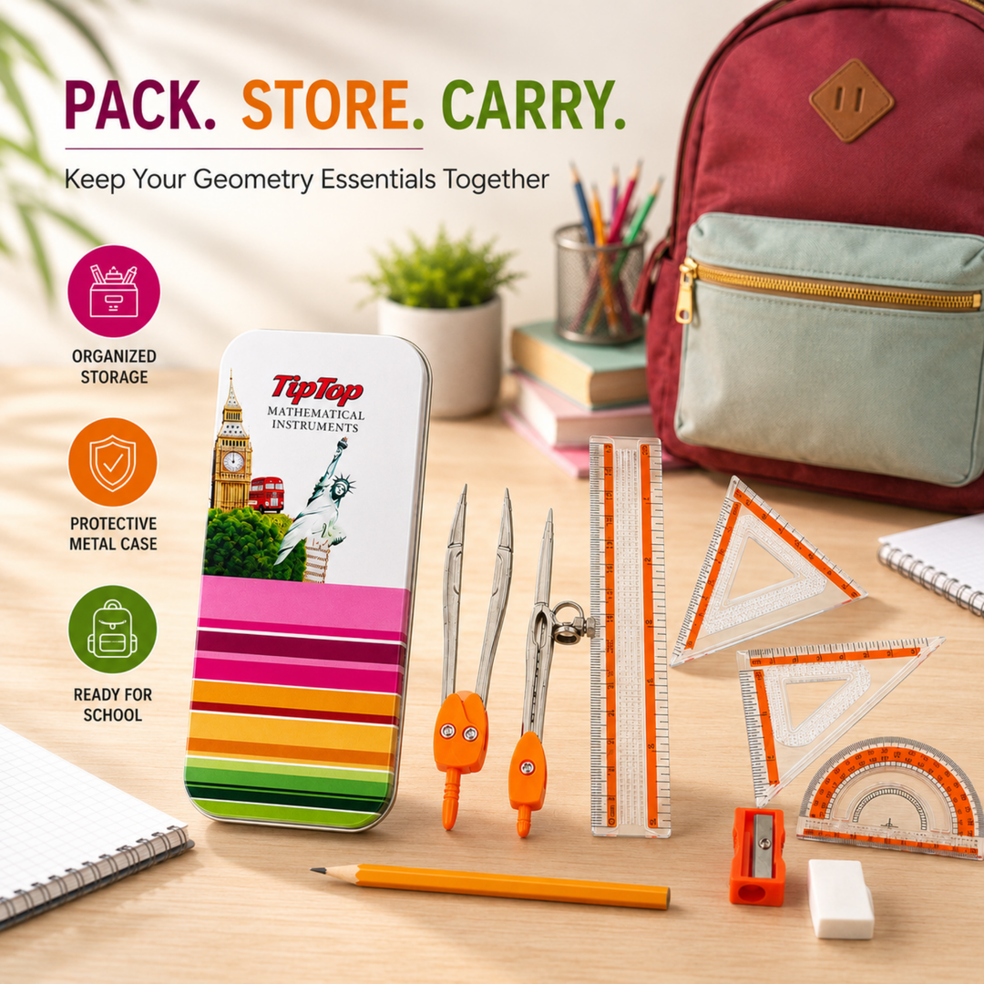 9 Piece Mathematical Geometry Box Set with Metal Tin Case, Compass, Divider, 15 cm Ruler, Protractor, Set Squares, Pencil, Eraser & Sharpener, Geometry Instrument Kit for School Students