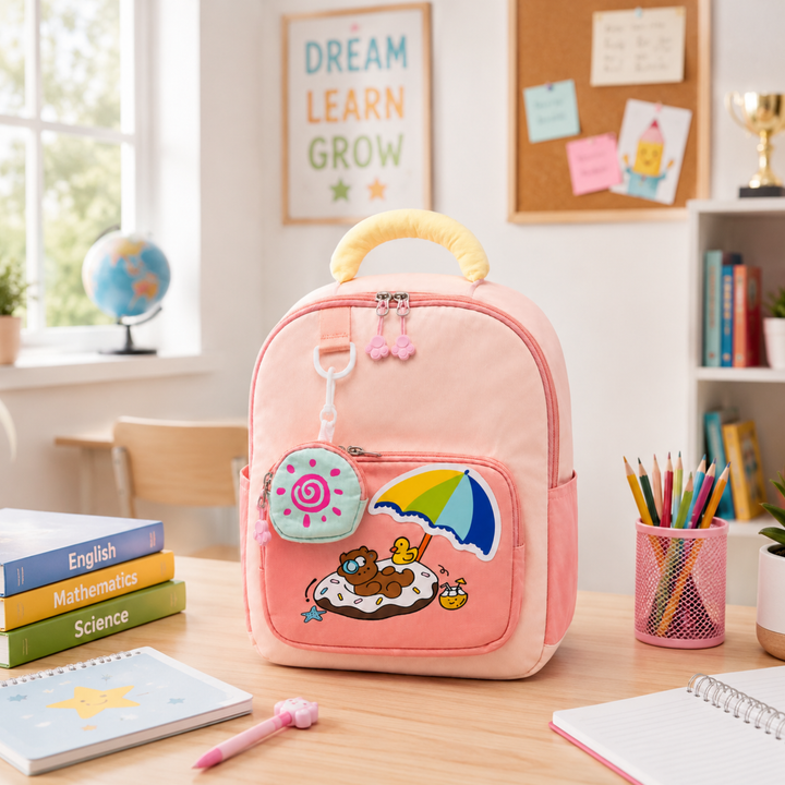 Summer Bear School Backpack for Daily Use, Spacious Multi-Compartment School Bag with Front Zipper Pocket, 2 Side Bottle Pockets, Top Handle, Lightweight Design & Stylish Bear Print