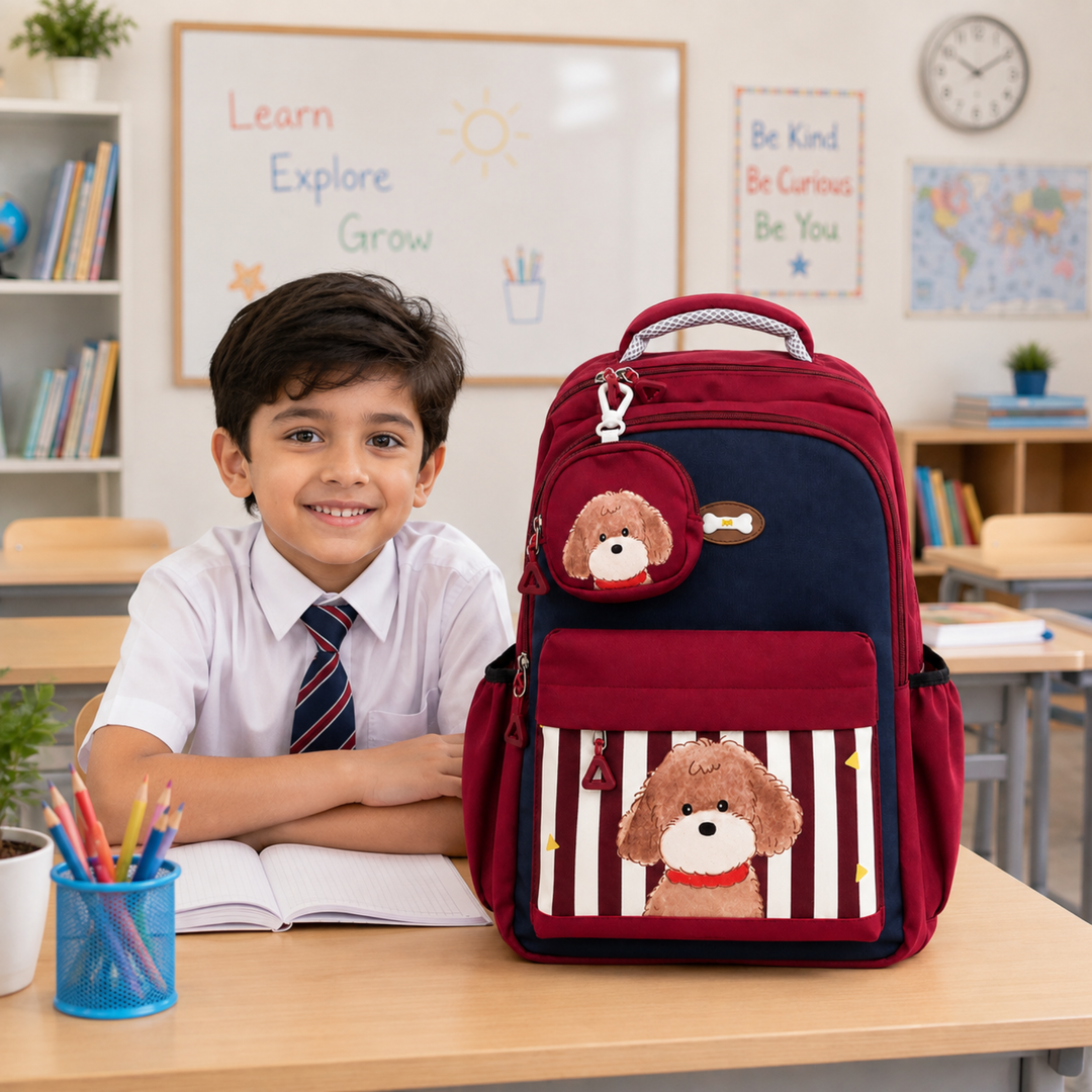 Puppy School Bag, Lightweight Backpack with Multiple Compartments, Front Utility Pocket, Side Bottle Pockets & Adjustable Padded Shoulder Straps