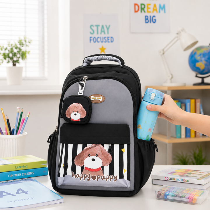 Puppy School Bag, Lightweight Backpack with Multiple Compartments, Front Utility Pocket, Side Bottle Pockets & Adjustable Padded Shoulder Straps