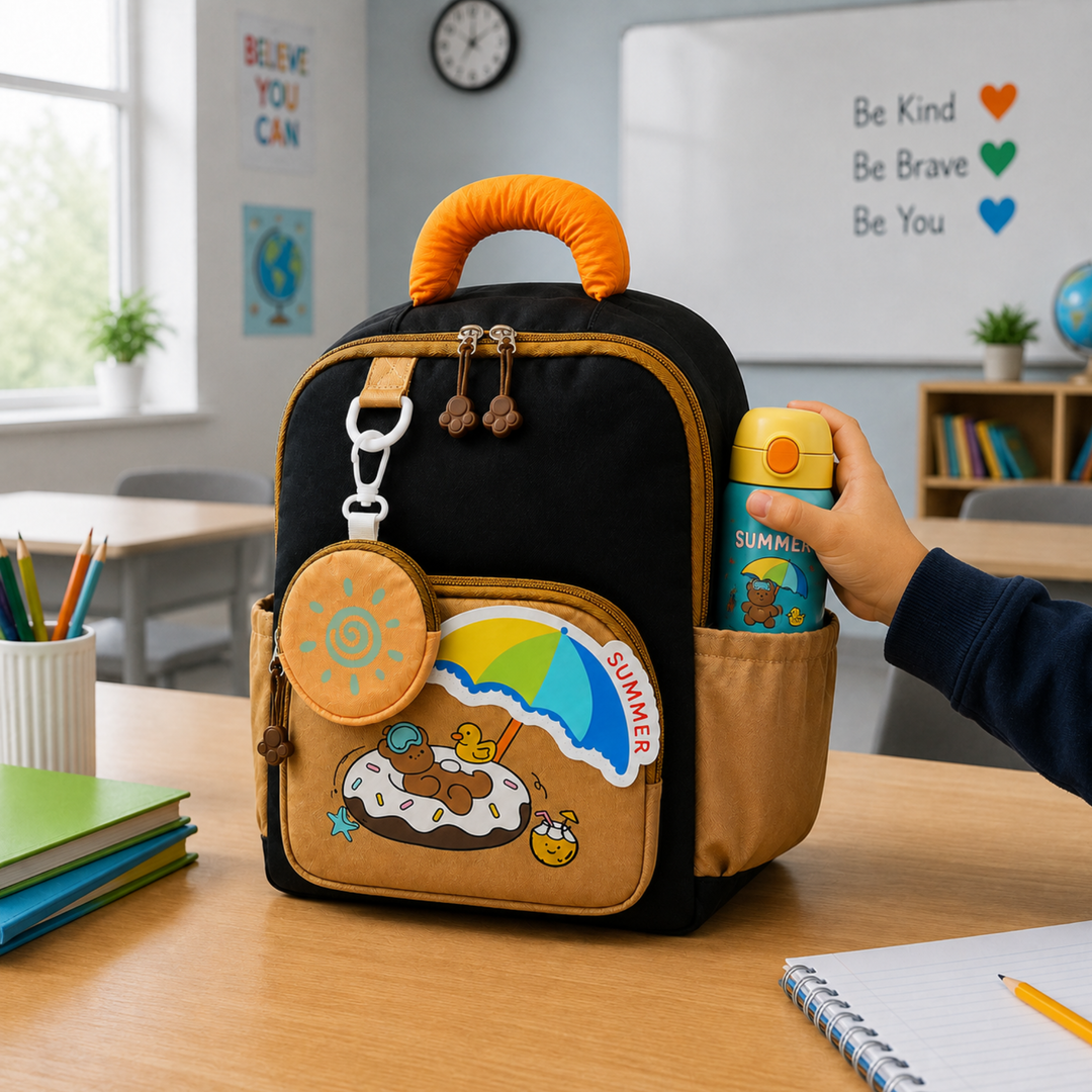 Summer Bear School Backpack for Daily Use, Spacious Multi-Compartment School Bag with Front Zipper Pocket, 2 Side Bottle Pockets, Top Handle, Lightweight Design & Stylish Bear Print