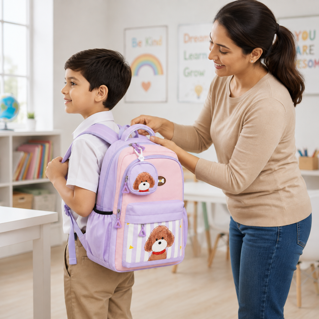 Puppy School Bag, Lightweight Backpack with Multiple Compartments, Front Utility Pocket, Side Bottle Pockets & Adjustable Padded Shoulder Straps
