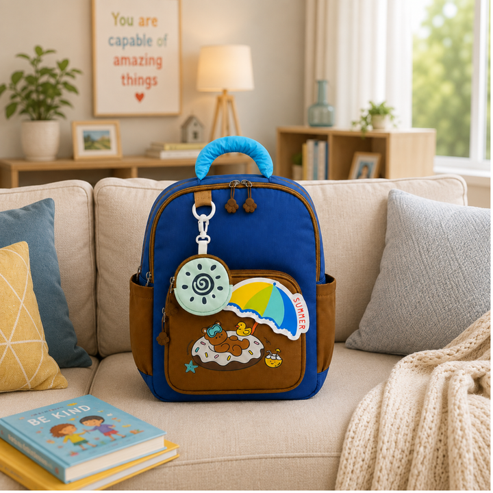 Summer Bear School Backpack for Daily Use, Spacious Multi-Compartment School Bag with Front Zipper Pocket, 2 Side Bottle Pockets, Top Handle, Lightweight Design & Stylish Bear Print