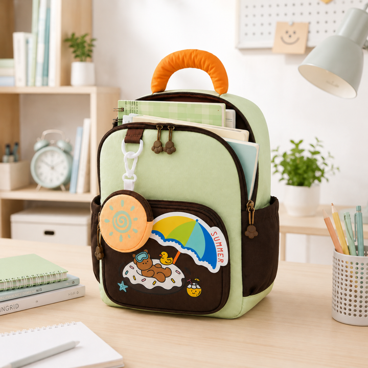 Summer Bear School Backpack for Daily Use, Spacious Multi-Compartment School Bag with Front Zipper Pocket, 2 Side Bottle Pockets, Top Handle, Lightweight Design & Stylish Bear Print