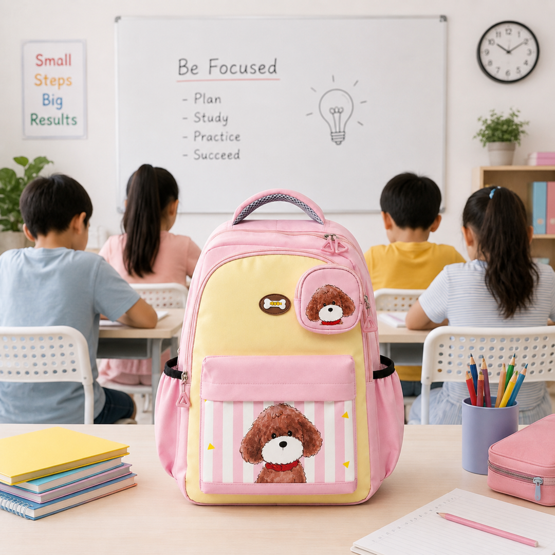 Puppy School Bag, Lightweight Backpack with Multiple Compartments, Front Utility Pocket, Side Bottle Pockets & Adjustable Padded Shoulder Straps