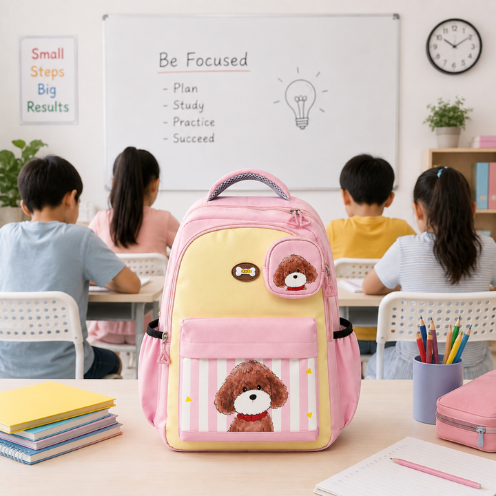 Puppy School Bag, Lightweight Backpack with Multiple Compartments, Front Utility Pocket, Side Bottle Pockets & Adjustable Padded Shoulder Straps