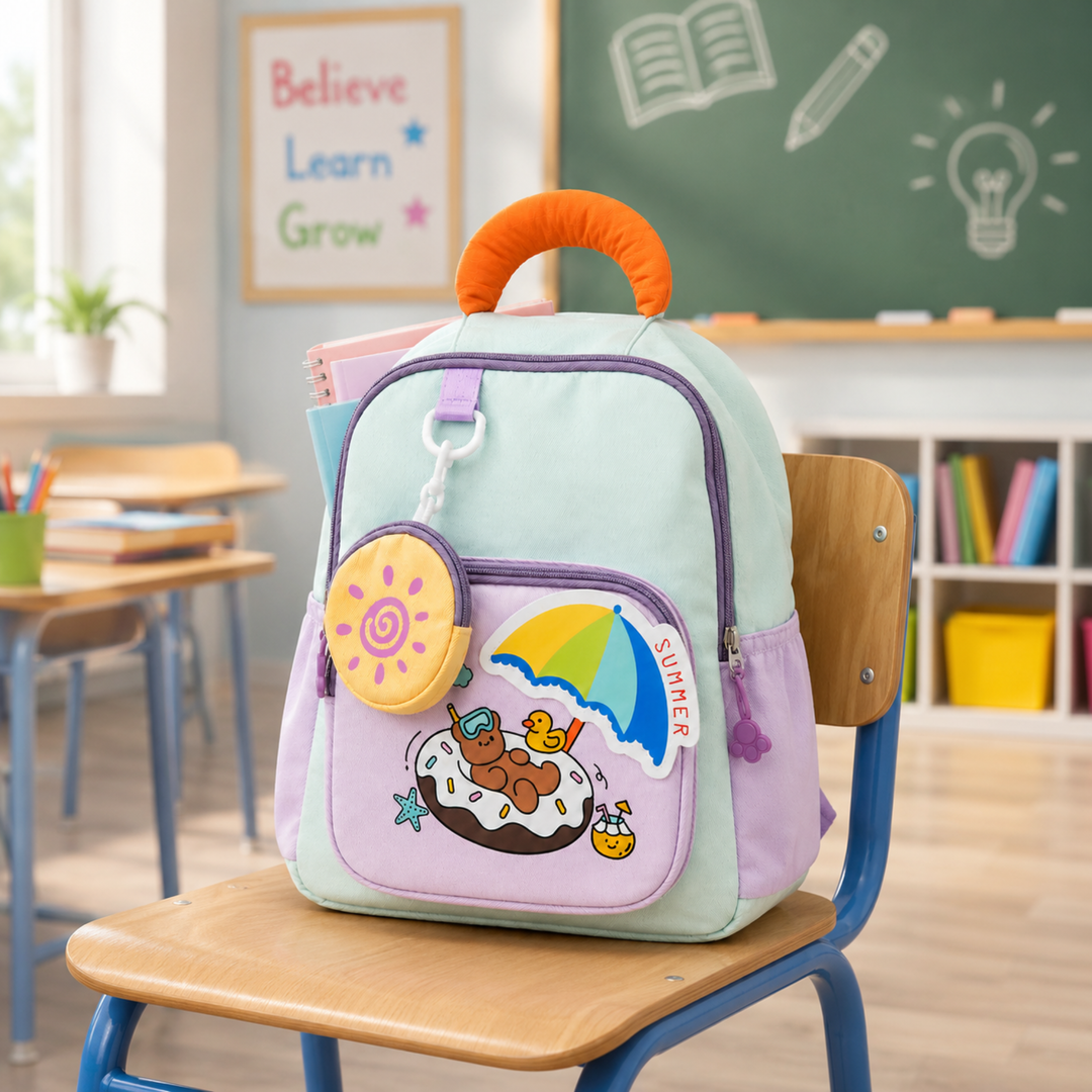 Summer Bear School Backpack for Daily Use, Spacious Multi-Compartment School Bag with Front Zipper Pocket, 2 Side Bottle Pockets, Top Handle, Lightweight Design & Stylish Bear Print