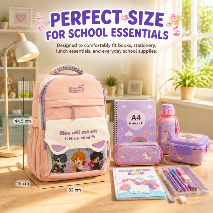 Mimi Meow School Backpack, Cute Cat Water-Resistant Student Backpack with Front Pocket, Lightweight Large Capacity School Bag with Side Bottle Pockets for School & Travel