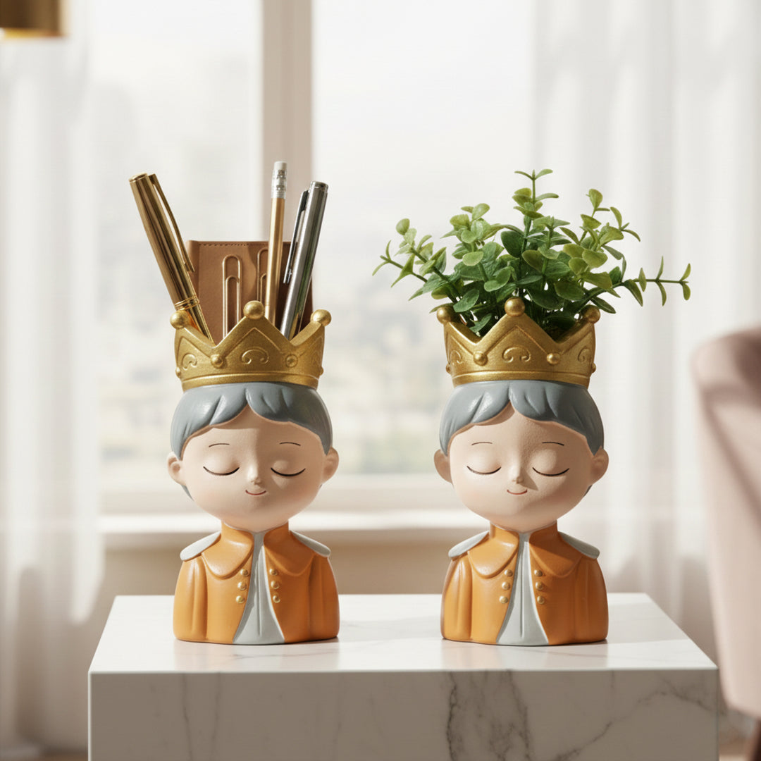 King and Queen Planter Set Polyresin Decorative Flower Vase Royal Couple Succulent Pot Cute Crown Design Indoor Outdoor Home Office Decor Pen Pencil Holder Gift