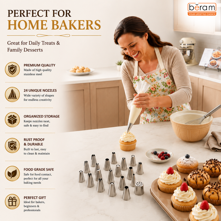 BERAM 24 Pieces Piping Nozzles Stainless Steel Cake Decorating Tools Icing Nozzle Set with Box Cake Decorating Pastry Set Nozzle Tips for Buttercream Frosting Cupcakes Cookies Fondant Designs