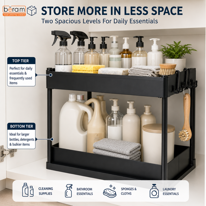 Beram Under Sink Organizer 2-Tier Sliding Cabinet Shelf Rack with Pull Out Drawer Hooks Double Layer Bathroom Kitchen Bedroom Countertop Storage Rack Space Saving Organizer Black