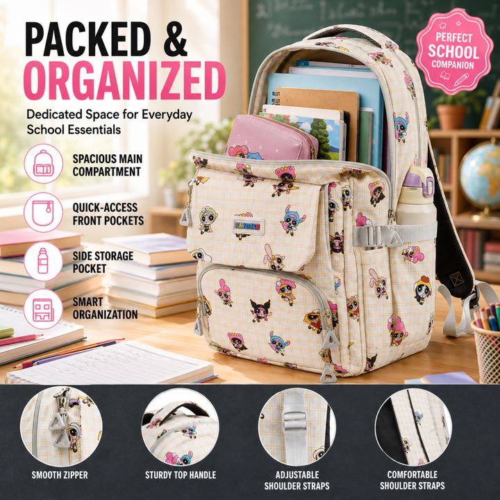Powerpals School Bag, Lightweight Backpack with Multiple Compartments, Front Utility Pocket, Side Bottle Pockets & Adjustable Shoulder Straps