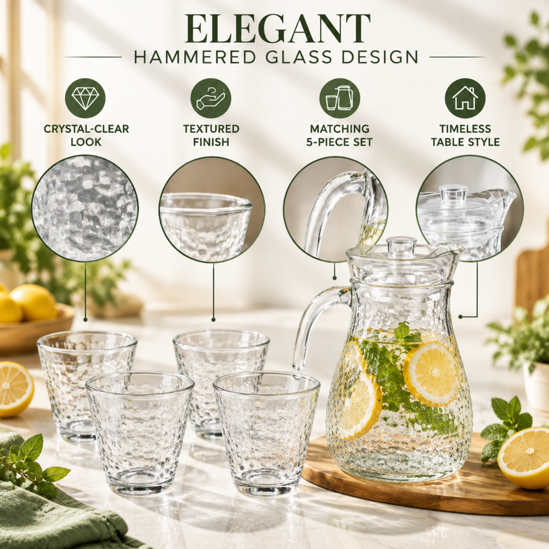 7 Piece Glass Drink Set with Pitcher and 6 Glasses, 11 OZ Drinking Tumblers, Clear Textured Glass Water Juice Beverage Serving Set with Lid, Dishwasher Safe for Home Dining Parties