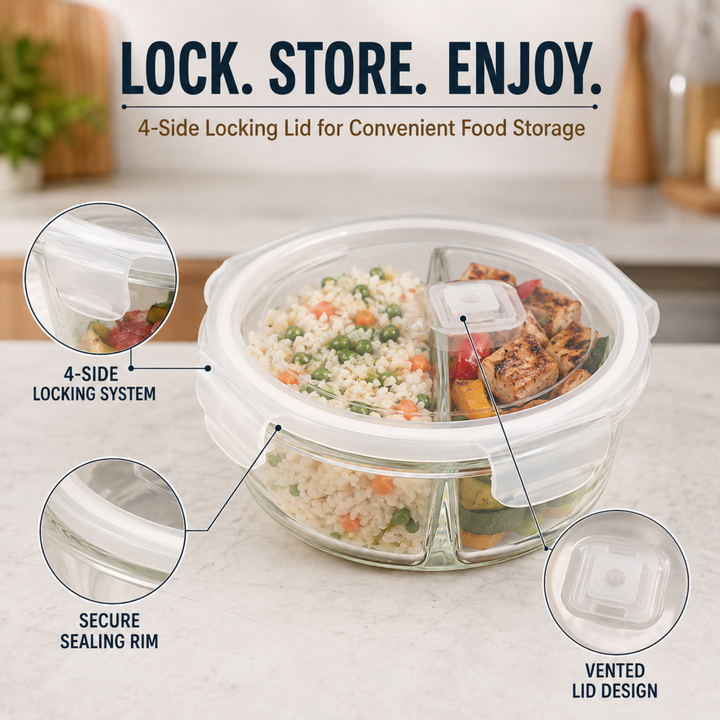 Glass Food Storage Container with Airtight Locking Lid Round 3 Compartment 850ml High Borosilicate Leakproof Meal Prep Lunch Box, Microwave Freezer Refrigerator Safe Glass Container for Food Storage