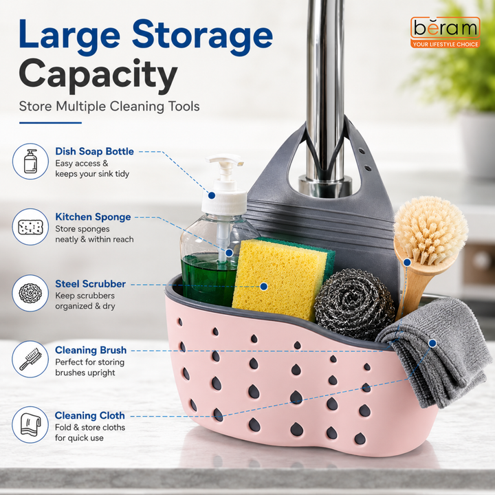 BERAM Kitchen Sink Organizer Sponge Holder Storage Basket Soap Sponge Drain Rack Holder for Sponges Soaps and Cleaning Brushes Sink Accessories