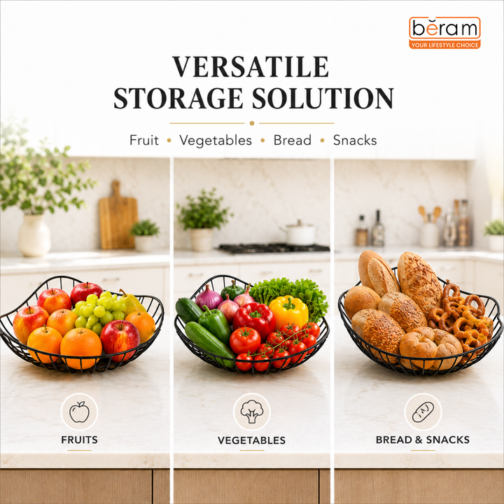 Beram Fruit Basket for Kitchen Counter Metal Wire Fruit Bowl & Vegetable Storage Organizer Rustic Countertop Fruit Holder with Handle for Kitchen, Dining & Pantry