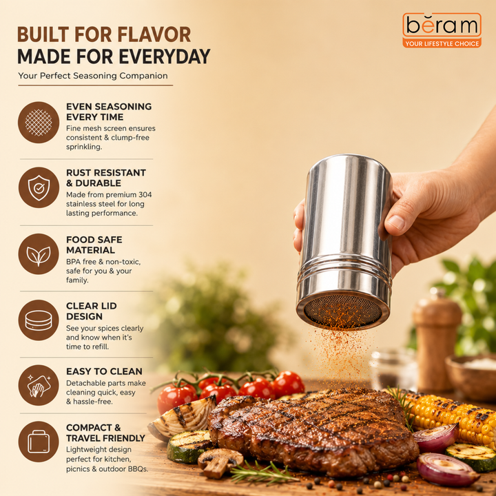 BERAM Sugar Shakers Stainless Steel Powder Shakers 3 Piece Set Seasoning Canisters with Lids Dry Food Storage Containers Cake Flour Sieve Dry Ingredients Sprinkler Kitchen Essentials