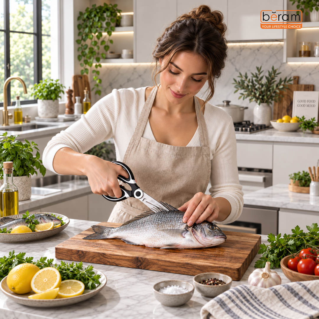BERAM Multipurpose Kitchen Shears with Nutcracker and Can Opener Heavy Duty 2CR13 Stainless Steel Blades Sharp Rustproof Scissors for Cooking and Household Use