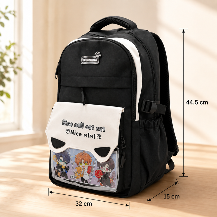 Mimi Meow School Backpack, Cute Cat Water-Resistant Student Backpack with Front Pocket, Lightweight Large Capacity School Bag with Side Bottle Pockets for School & Travel